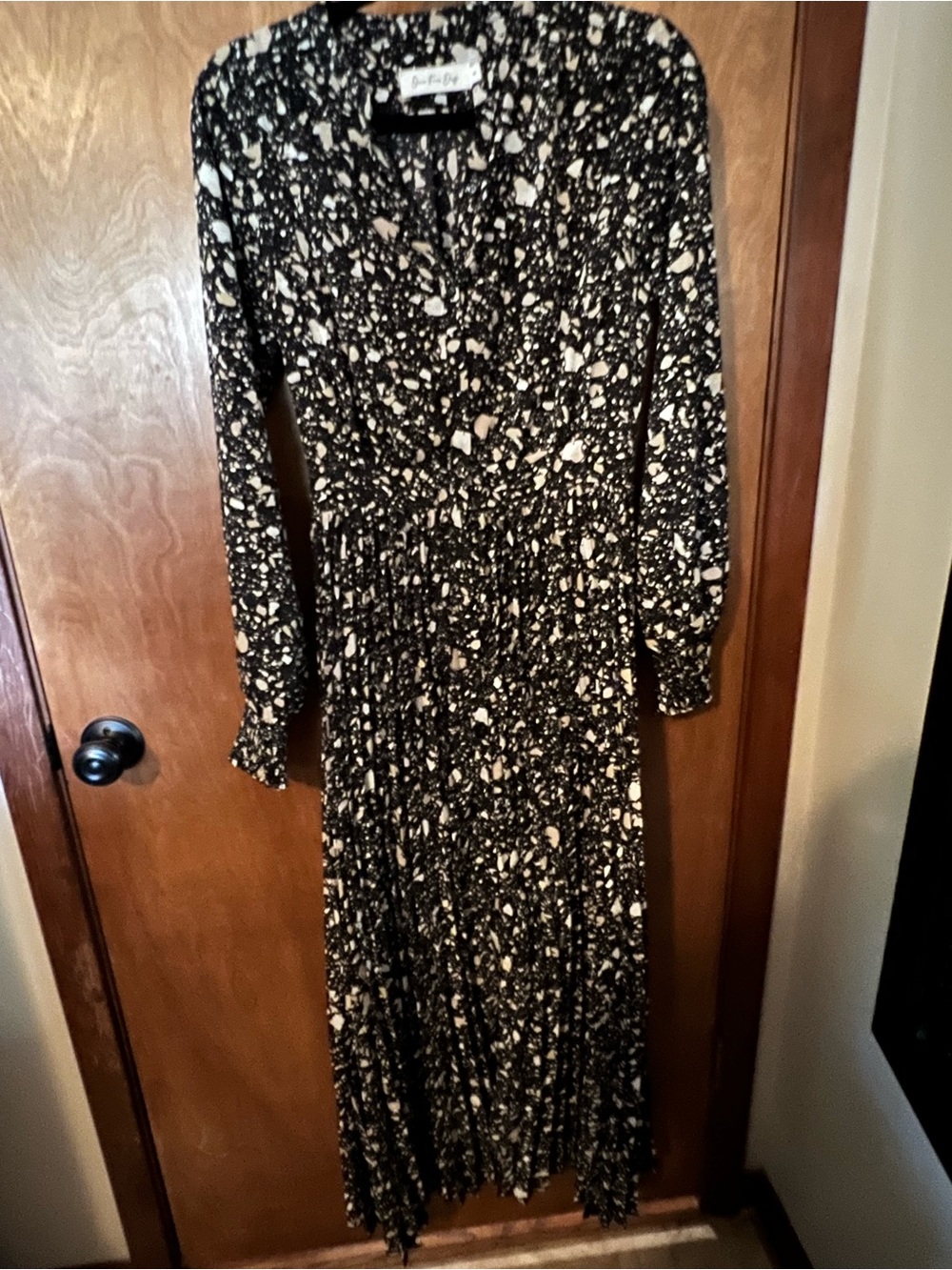 Smocked-Waist Black Tan and White Abstract Maxi Dress
